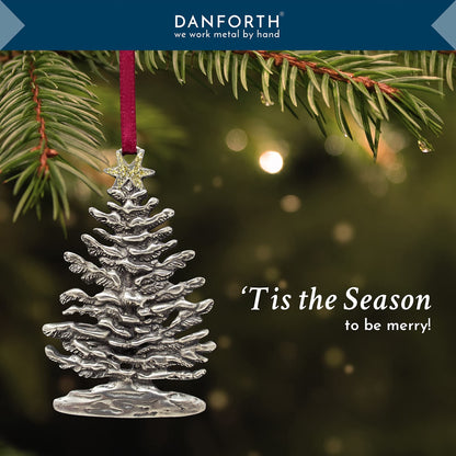 Danforth Snowy Christmas Tree Ornament (Gold Star) – Handcrafted Pewter Christmas Ornament – Satin Ribbon, 2 5/8” by 1 11/16”, Made in USA