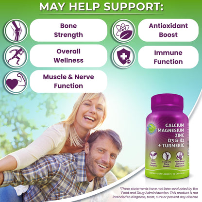 Plant-Based Calcium 500mg (Aquamin) – Vegan Calcium Magnesium Zinc D3 with Vitamin K2 & Organic Turmeric – Enhanced Bone and Muscle Health & Strength, Immune Support for Women & Men - 90 Count