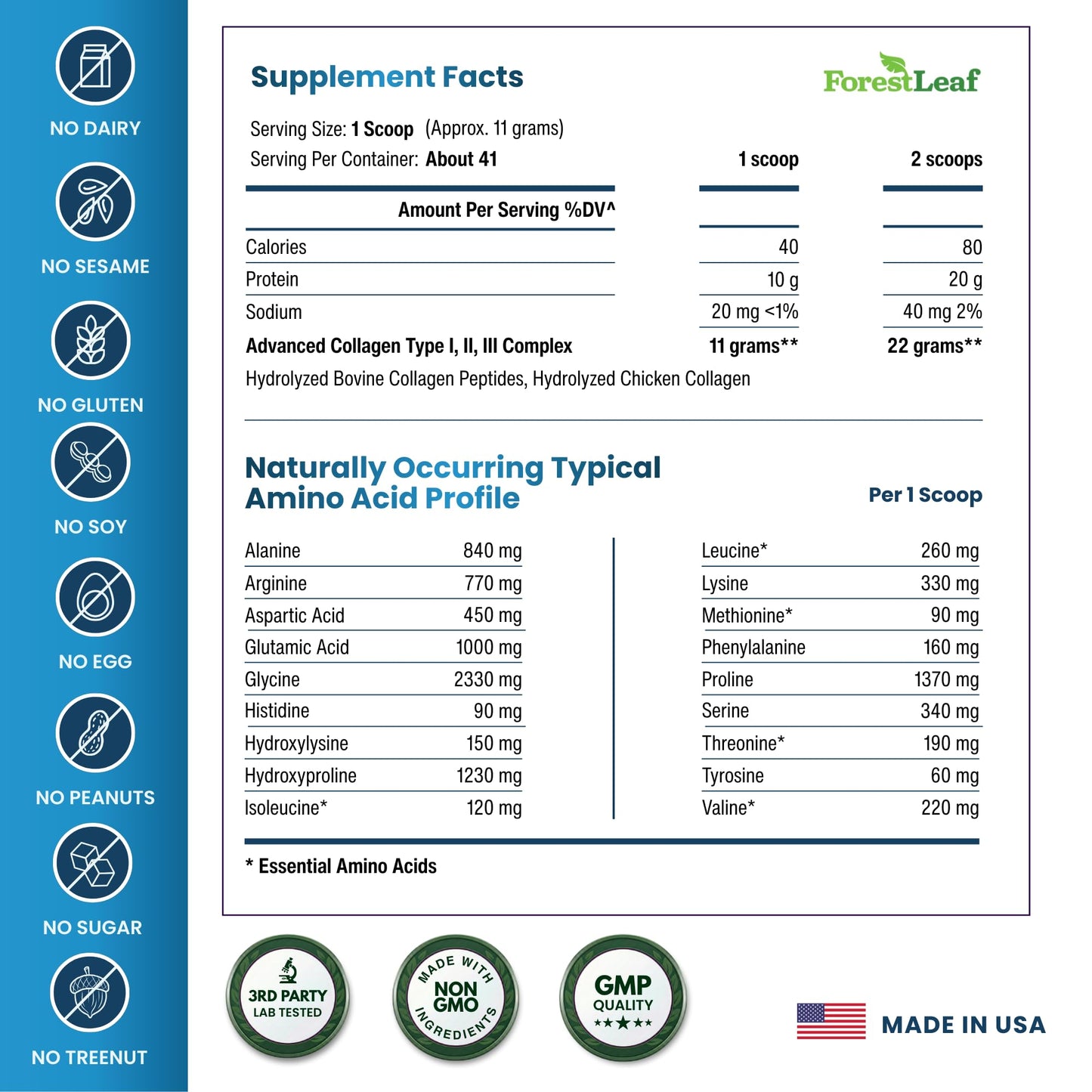 ForestLeaf Collagen Peptides Powder Unflavored - Hydrolyzed Grass Fed Keto Collagen Protein Powder Type 1, 2 & 3 - Vital Hair, Skin, Nails, Joints, Recovery, 11g Per Serving