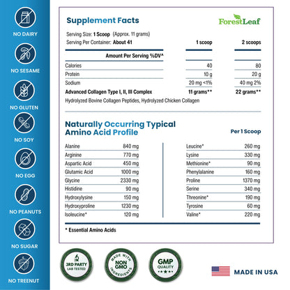 ForestLeaf Collagen Peptides Powder Unflavored - Hydrolyzed Grass Fed Keto Collagen Protein Powder Type 1, 2 & 3 - Vital Hair, Skin, Nails, Joints, Recovery, 11g Per Serving