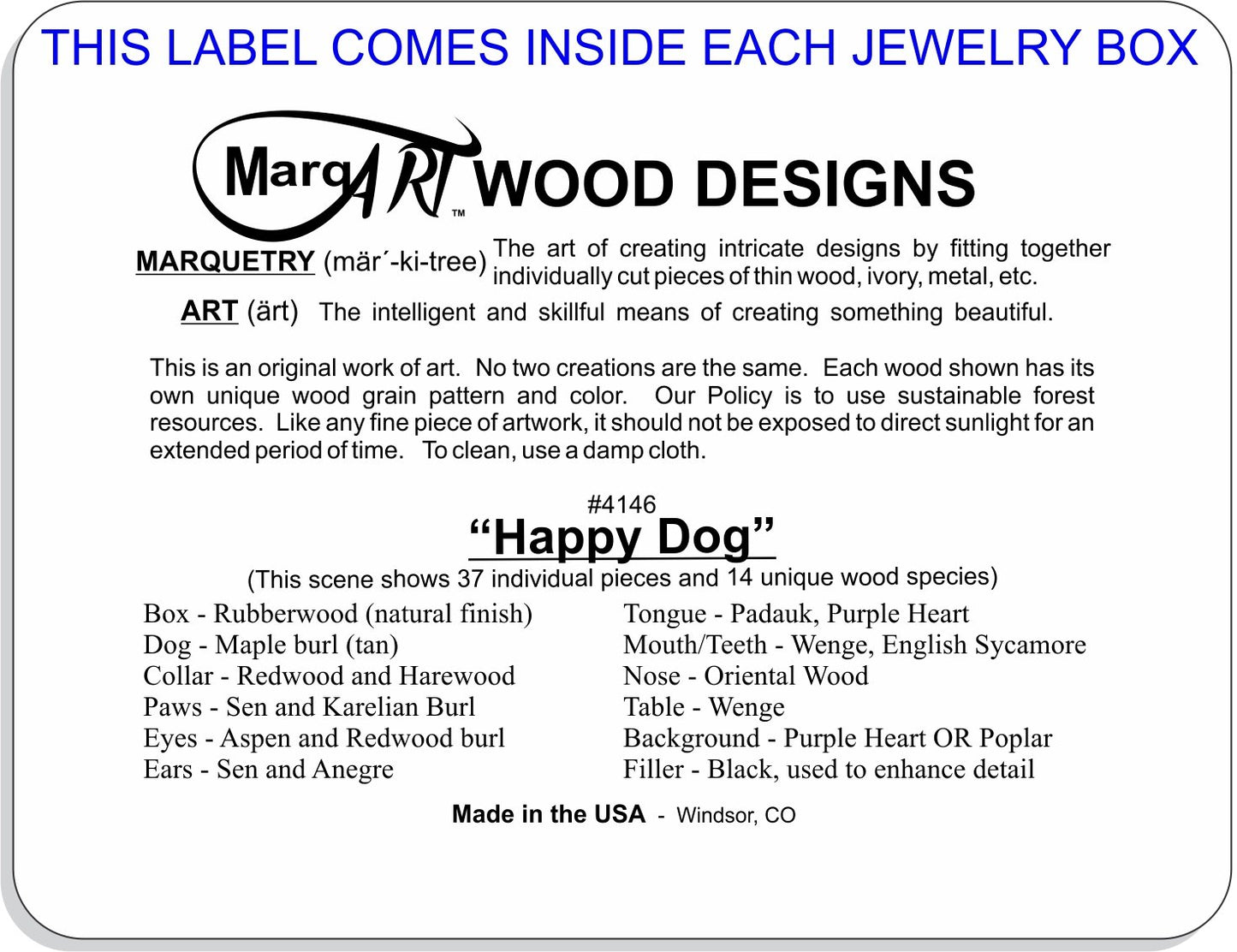 MarqArt Wood Art Dog Box - Handmade in USA - Unmatched Quality - Unique, No Two are the Same - Original Work of Wood Art (#4146 Happy Dog 4x5x1.5)