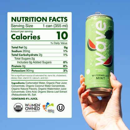 WAVE Organic Sparkling Drink | Low Calorie Drink, Watermelon Mint Lightly Carbonated | Great Natural Soda Alternative | USA Made Kosher No Added Sugar, Color, & Artificial Ingredients |12 Pack