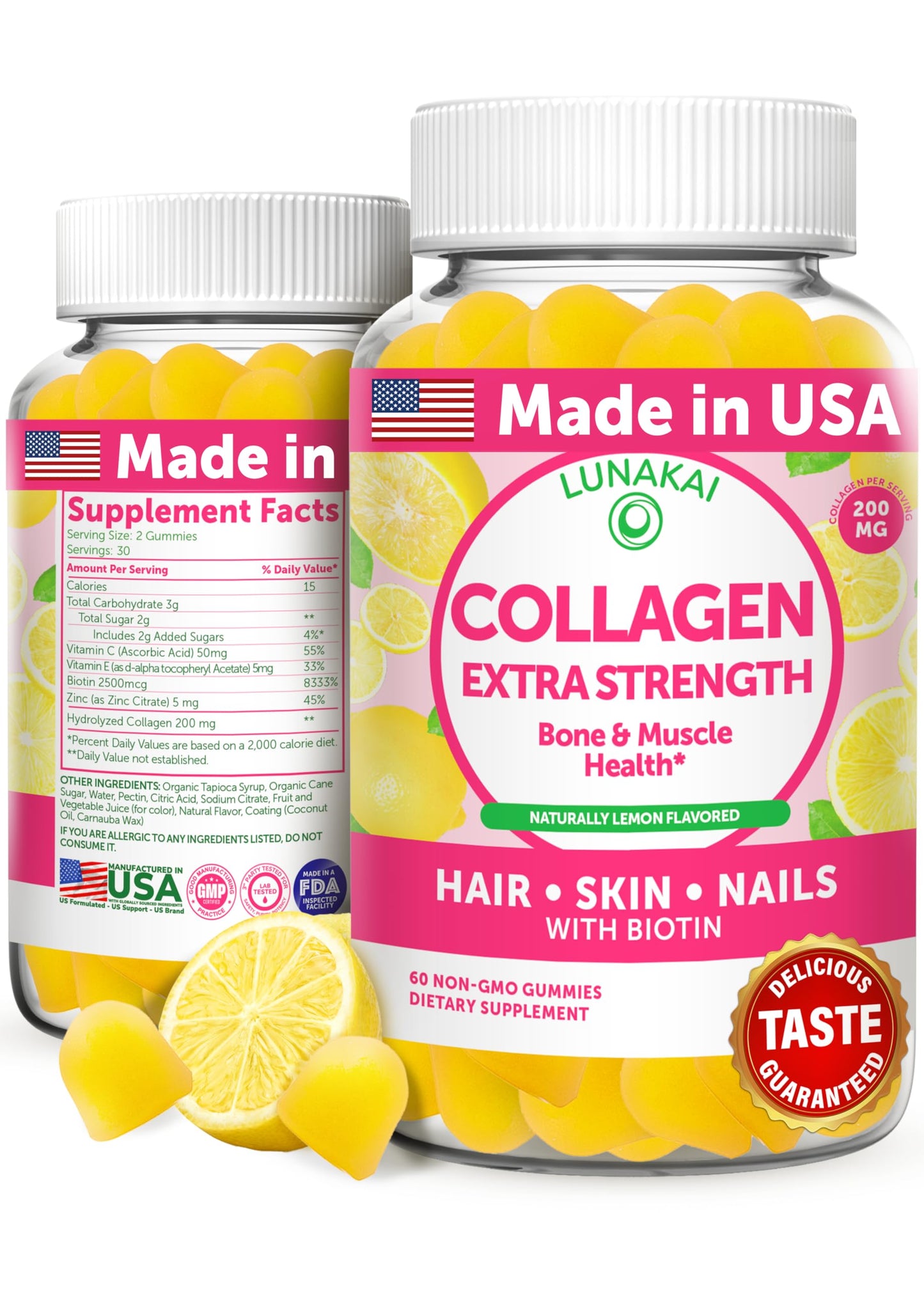 Lunakai USA Made Collagen Peptides Gummies - 200mg Non-GMO Anti-Aging Formula with Biotin, Zinc, Vitamins C & E for Hair, Skin and Nails, 60ct