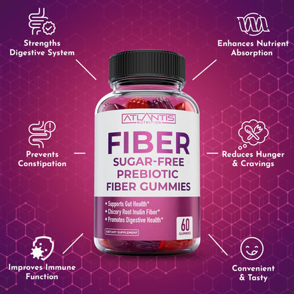 Atlantis Nutrition Sugar Free Fiber Gummies for Adults - 5G Fiber Supplement Formulated with 5.4G Prebiotic Digestive Blend - Supports Gut Health & Promotes Healthy Digestion - 2-Pack 120 Gummies