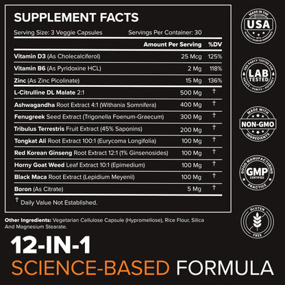 Peak Potential 12-in-1 Testosterone Support for Men – Natural Strength, Energy & Muscle Builder with Tongkat Ali, Ashwagandha & Fenugreek – 90 Capsules