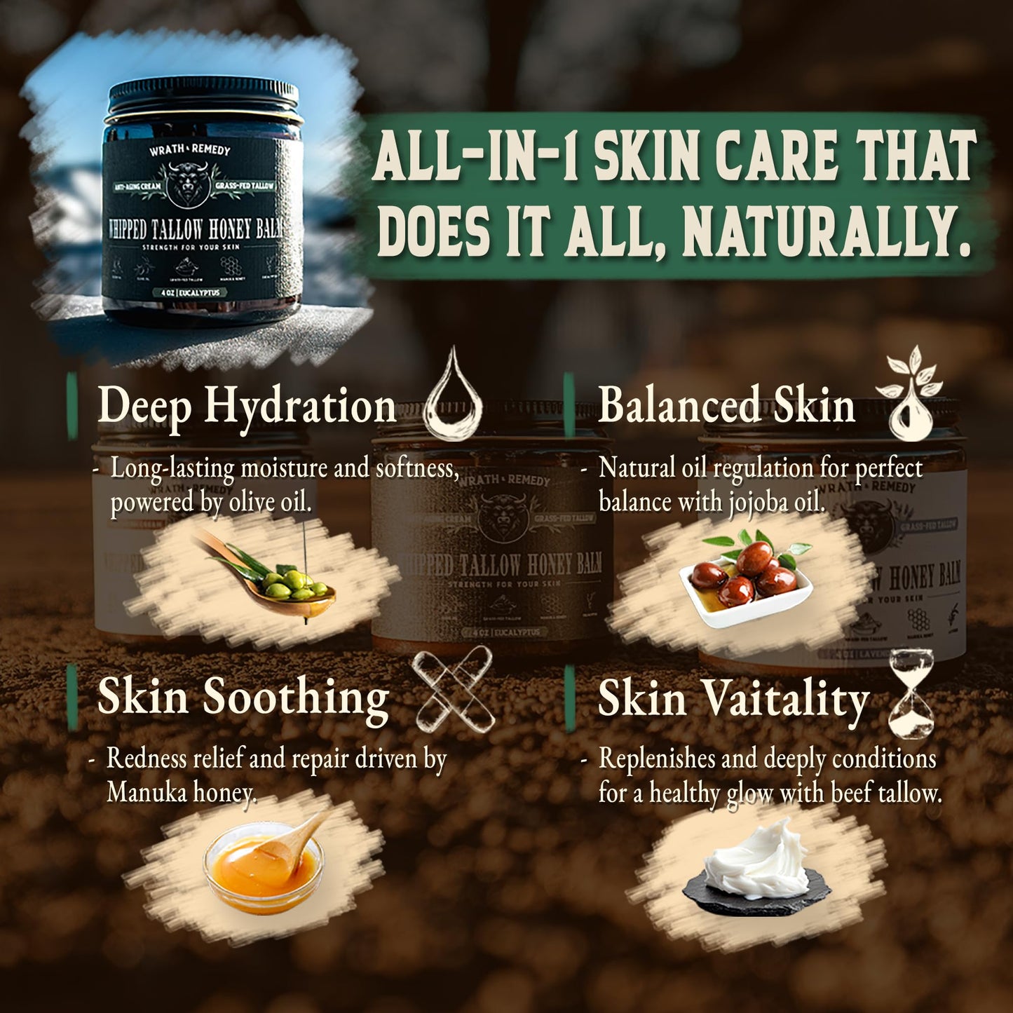 Organic Beef Tallow for Skin - 4 OZ (Eucalyptus) — US-Made Grass Fed Beef Tallow for Face + Body — Whipped Tallow and Honey Balm Moisturizer for Dry and Sensitive Skin, Eczema, Rosacea (No Additives)