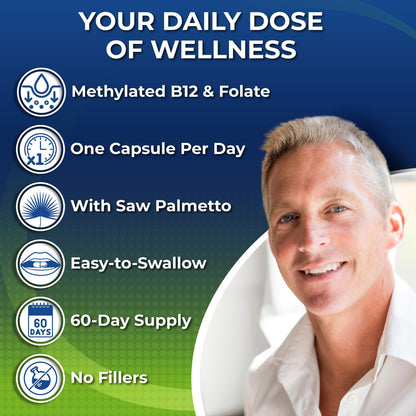 Men's Daily Multivitamin 50 Plus - Vegan Methylated Multivitamin for Men 50 and Over - Saw Palmetto, Biotin, Organic Superfoods, Lutein - Eye, Energy, Gut, Health Support - Easy to Swallow Capsules