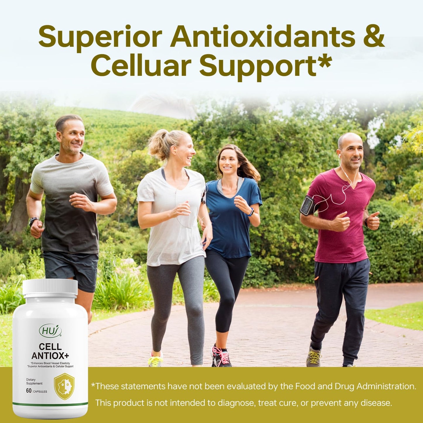 HUJ Cell Antiox+ Supplement - Superior Antioxidants & Cellular Support - Contains Grape Seed Extract, Pomegranate Extract, Resveratrol, and Vitamins C and E - 60 Capsules