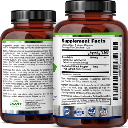 Zazzee High Absorption Artemisinin, 100 mg per Capsule, 120 Vegan Capsules, with 5 mg BioPerine for Maximum Absorption, Sweet Wormwood Extract, 4 Month Supply, All-Natural and Non-GMO