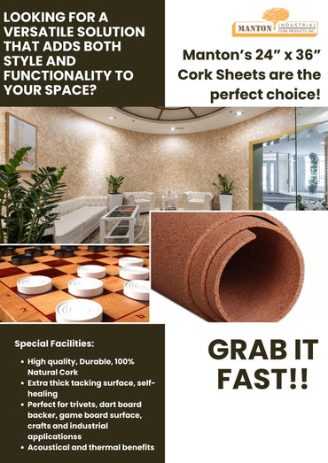 Manton Cork Thick Cork Sheet with Adhesive Strips, 100% Natural and Sustainable Cork Board for Dart Board Backers and Bulletin Boards. Perfect for Home, School, and Office