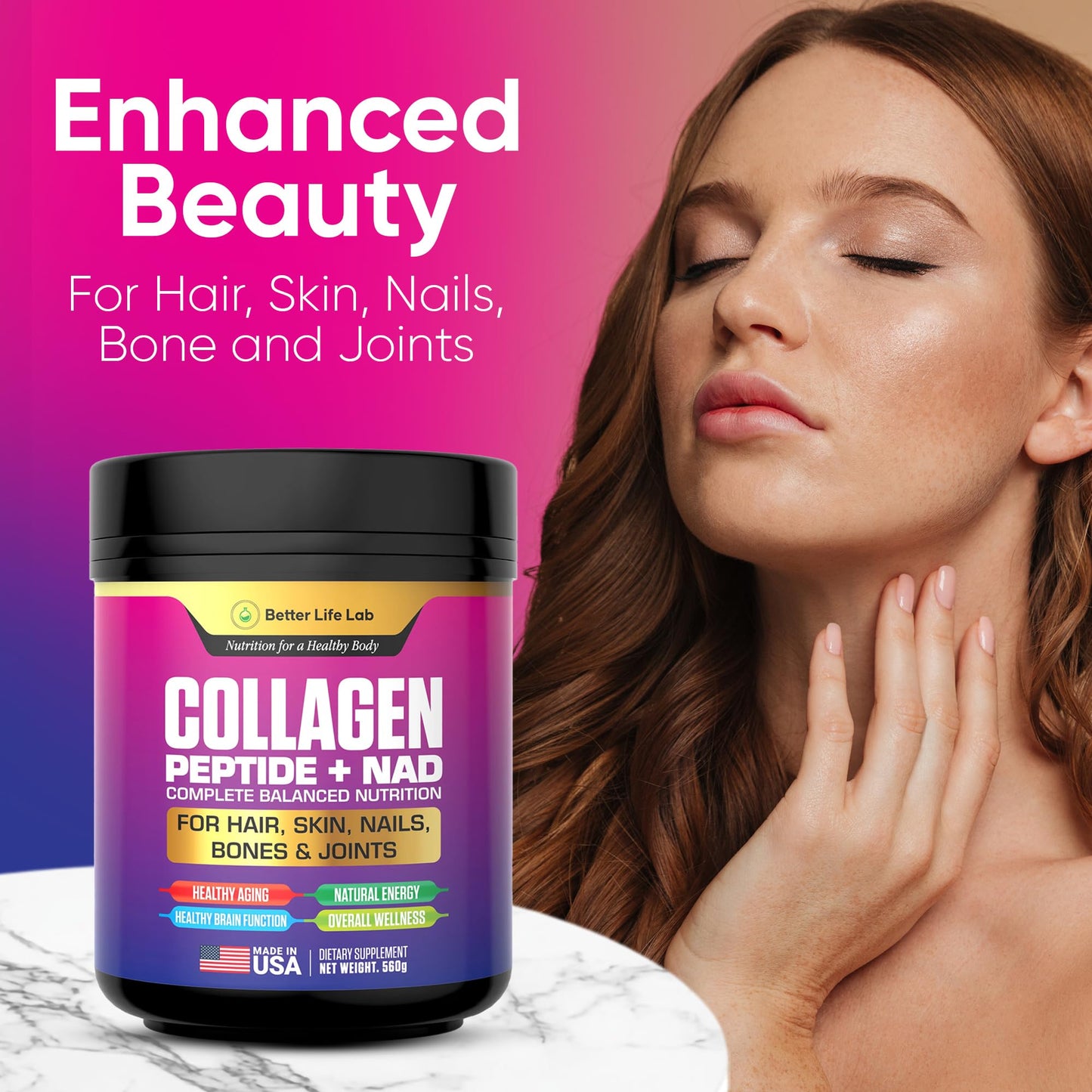 BETTER LIFE LAB Hydrolyzed Collagen Peptides with NAD – Supports Hair, Skin, Nails, Joints & Bones – Type I & III Collagen – Grass-Fed, Unflavored Powder