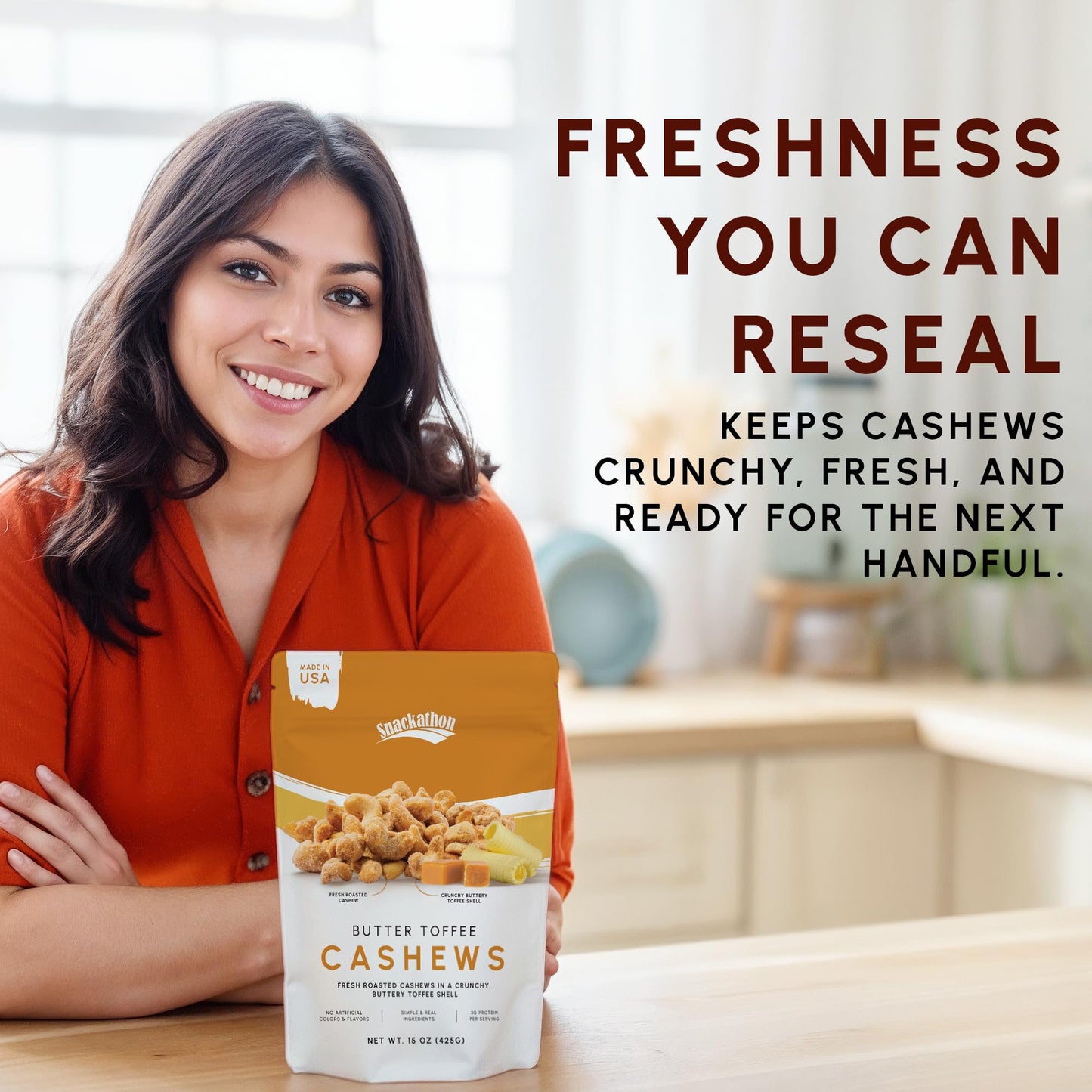 Snackathon Butter Toffee Cashews, 7 oz Resealable Bag, Made in USA, All-Natural Fresh Roasted Nuts Coated in a Crunchy Buttery Toffee Shell, Gourmet Sweet & Salty Snac