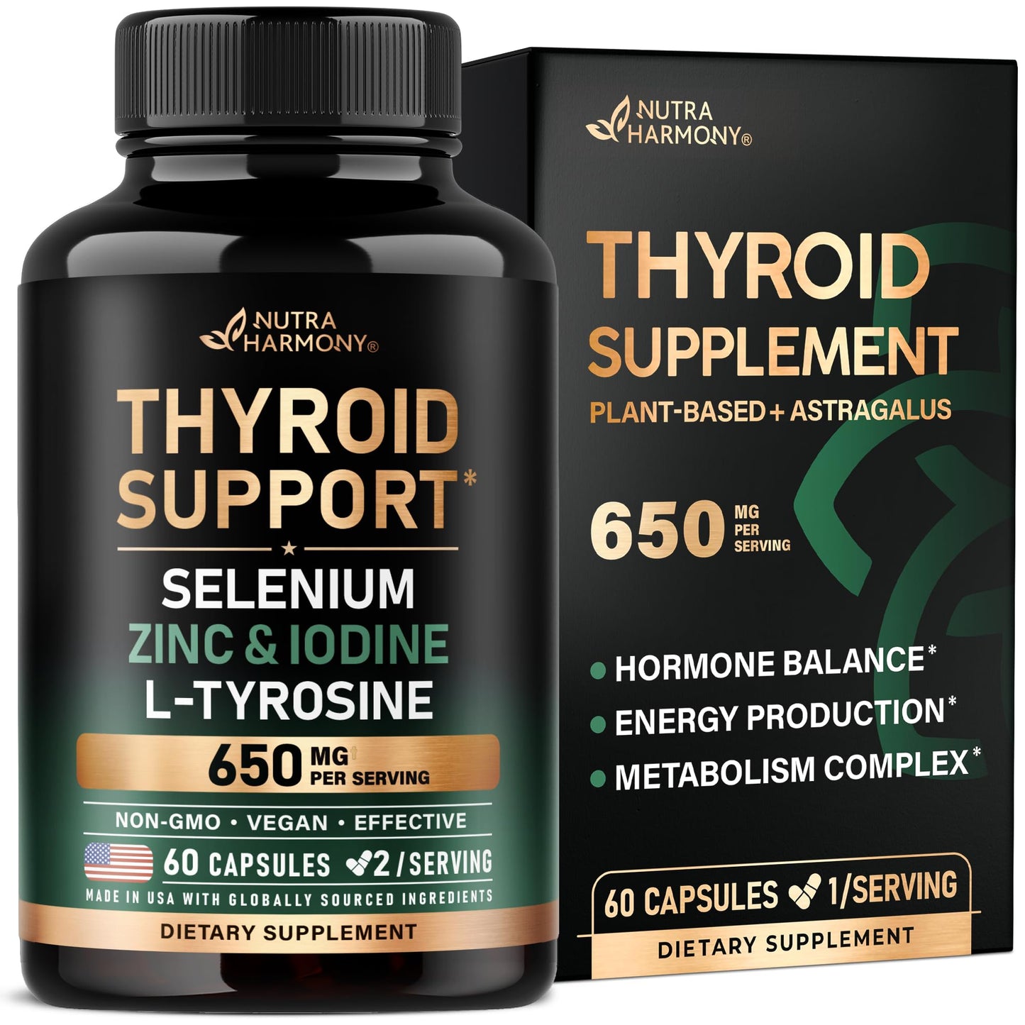 Thyroid Support for Women - Astragalus | Selenium 200 mcg | Zinc & Iodine | L-Tyrosine | Adaptogen Herbs - 21-in-1 Antioxidant & Immune Support - Vegan, Non-GMO, Lab Tested - 60 Capsules, Made in USA