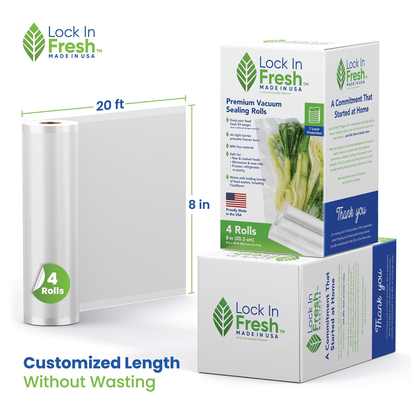 Lock In Fresh Vacuum Sealer Bags for Food - Heavy Duty Food Saver Vacuum Sealer Bag Rolls - Sous Vide, Seal a Meal Bags, 4-pack, 8" x 20' - Made in the USA