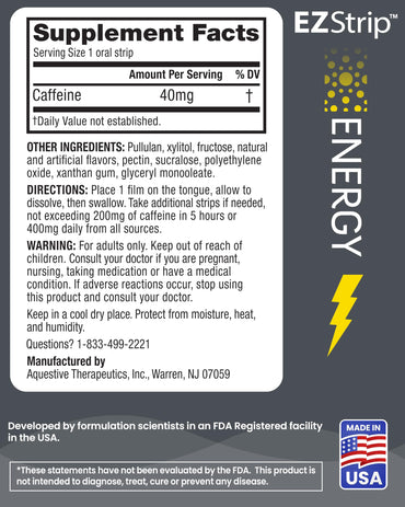 EZStrip Energy Supplements - Mint Flavor, 30 Count - Dissolving Strips with 40mg Caffeine to Help Energize Your Day and Boost Performance - Made in The USA, Sugar and Gluten-Free