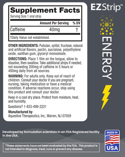 EZStrip Energy Supplements - Mint Flavor, 30 Count - Dissolving Strips with 40mg Caffeine to Help Energize Your Day and Boost Performance - Made in The USA, Sugar and Gluten-Free