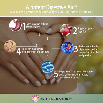 Dr. Clark Betaine HCL Digestive Enzymes - Acid Reflux Medicine, Hydrochloric Acid Protein Supplement, Optimal Digestion Formula, 100 Gelatin Capsules, 425 mg