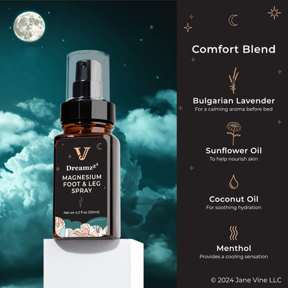 Jane Vine Dreamzzz Magnesium Spray for Feet and Sleep – Blended Formula Magnesium Oil with Lavender & Coconut Oil - Topical Magnesium Body Foot and Leg Spray for Women - Reduced Stickiness - 4.2 oz
