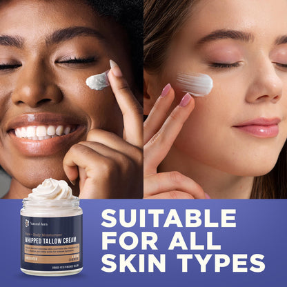 Whipped Beef Tallow for Skin - Face + Body Moisturizer, 100% Grass Fed Grass Finished Tallow and Honey Balm for Sensitive Skin - Natural Lotion - Free of Harsh Chemicals - 4oz, (Unscented)