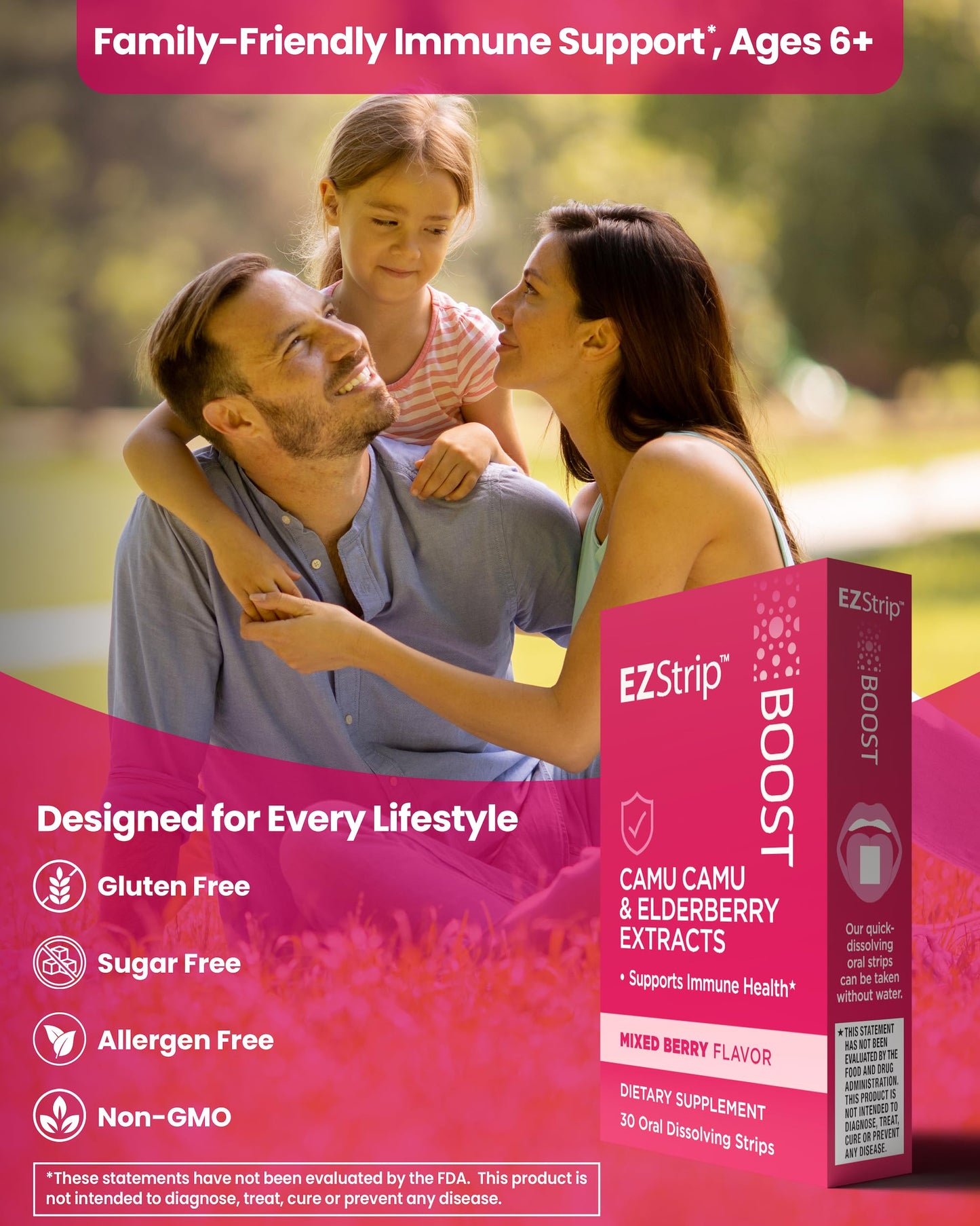 EZStrip Boost Immune Support Supplement - Mixed Berry Flavor, 30 Count - Dissolving Strips with Camu Camu and Elderberry to Help Support Immune Health - Made in The USA, Sugar and Gluten-Free