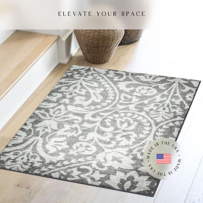 Maples Rugs Exeter Floral Area Rugs – Made in USA – Washable, Non Slip Indoor Carpet for Entryway, Foyer, Kitchen, and Bathroom, 30" x 46", Grey