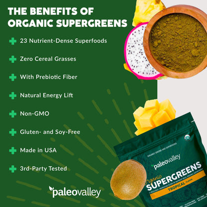 Paleovalley Organic Supergreens Powder - 23 Superfoods with Prebiotic Fiber for Energy and Immunity Support - No Cereal Grasses for Maximum Absorption - Tropical, 30 Servings
