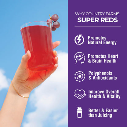 Country Farms Super Reds, Energizing Polyphenol Superfood, 40 Super Fruits and Berries, Powerful Antioxidants and Polyphenols, Supports Energy and Immunity, 20 Servings, Grape Flavor