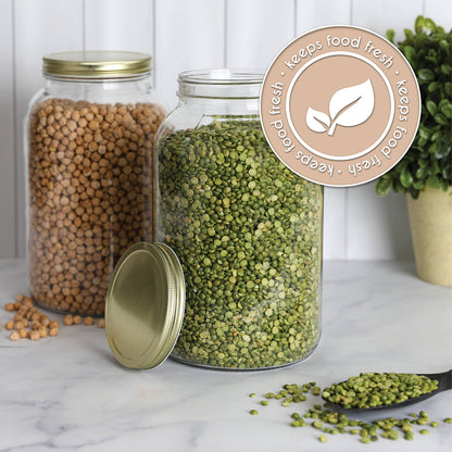 kitchentoolz 1 Gallon Glass Large Mason Jar Wide Mouth with Metal Airtight Lids (4 Pack) - Fermentation Kombucha Kefir Kimchi - Storing Canning Pickling Containers -Gold Lids