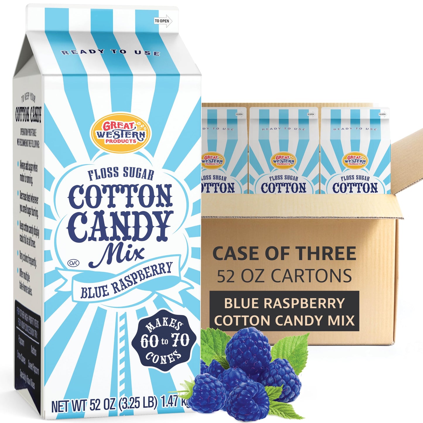 Premium America Blue Raspberry Cotton Candy Floss Sugar Carnival-Style Fluffy Fun, Pre-Mixed & Ready to Use for Parties, Events & Festivals 3.25 lb Cartons Case of 3