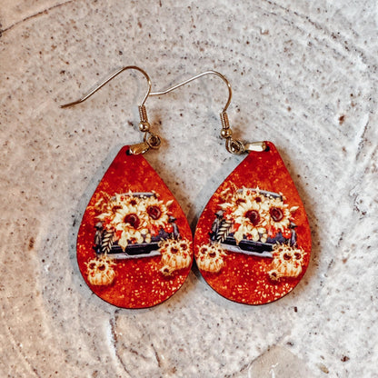 Fall Earrings for Women Autumn Lightweight Teardrop Dangle Fun Colorful Statement Jewelry Handmade by the Painted Pug (Sunflower Truck)
