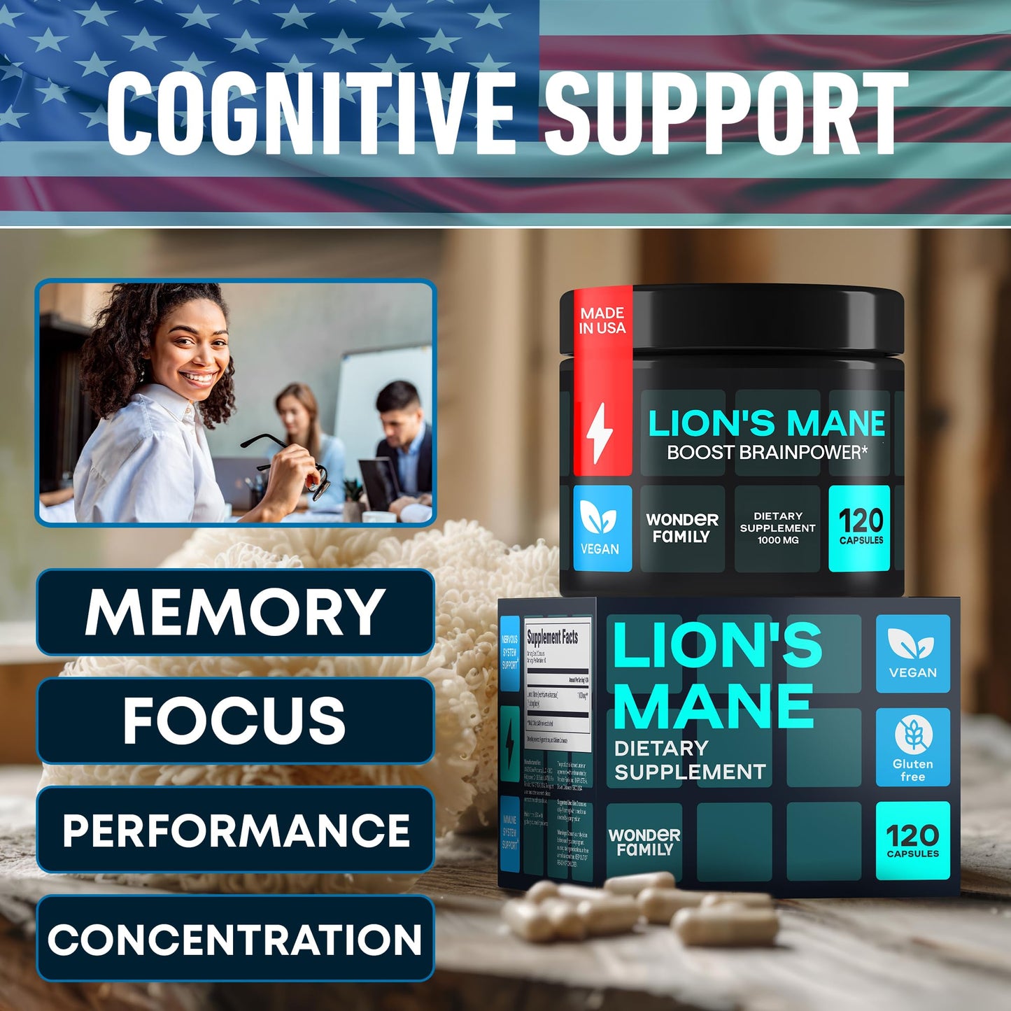 Lion’s Mane Supplement Capsules 1000mg – Nootropics Brain Support Supplement with Alpha GPC – Organic Mushroom Complex for Memory, Focus, Energy, Mood & Nerve Health – Melena de Leon Organico 120 Caps