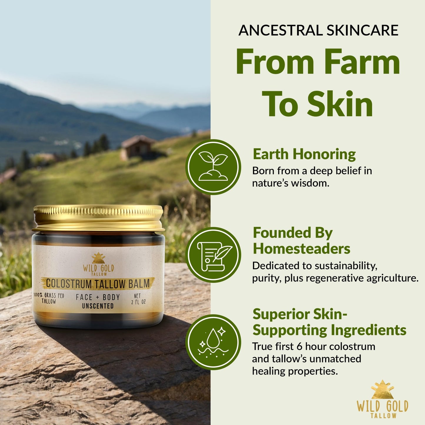 Wild Gold Tallow 100% Grass Fed Tallow Balm with Colostrum & Emu Oil - Handmade Whipped Beef Tallow for Face and Body, Sensitive Skin Tallow Moisturizer made with True First Colostrum, (Unscented)