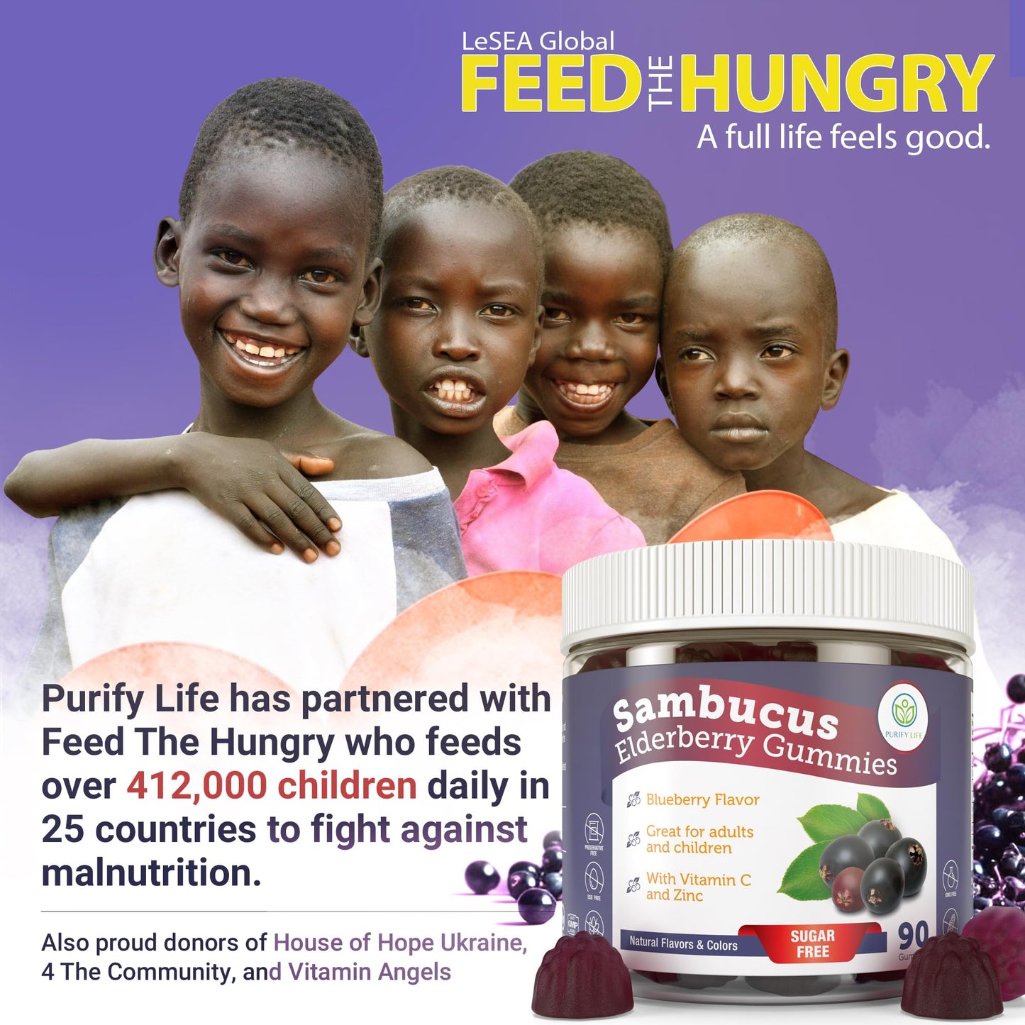 Purify Life Sugar-Free Elderberry Gummies with Vitamin C & Zinc for Adults and Kids, Immune Support Supplement for Respiratory Health, Sambucus Elderberry Antioxidant Gummies - Vegan, 90 Count