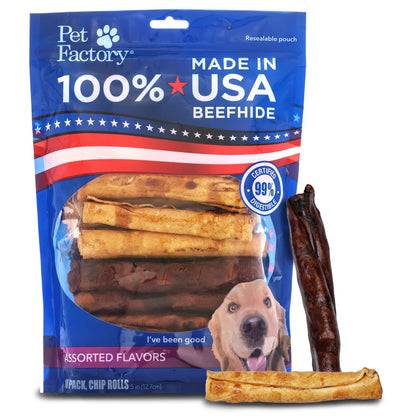 Pet Factory 100% Made in USA Beefhide 5" Chip Rolls Dog Chew Treats - Beef & Chicken Flavor, 18 Count/1 Pack