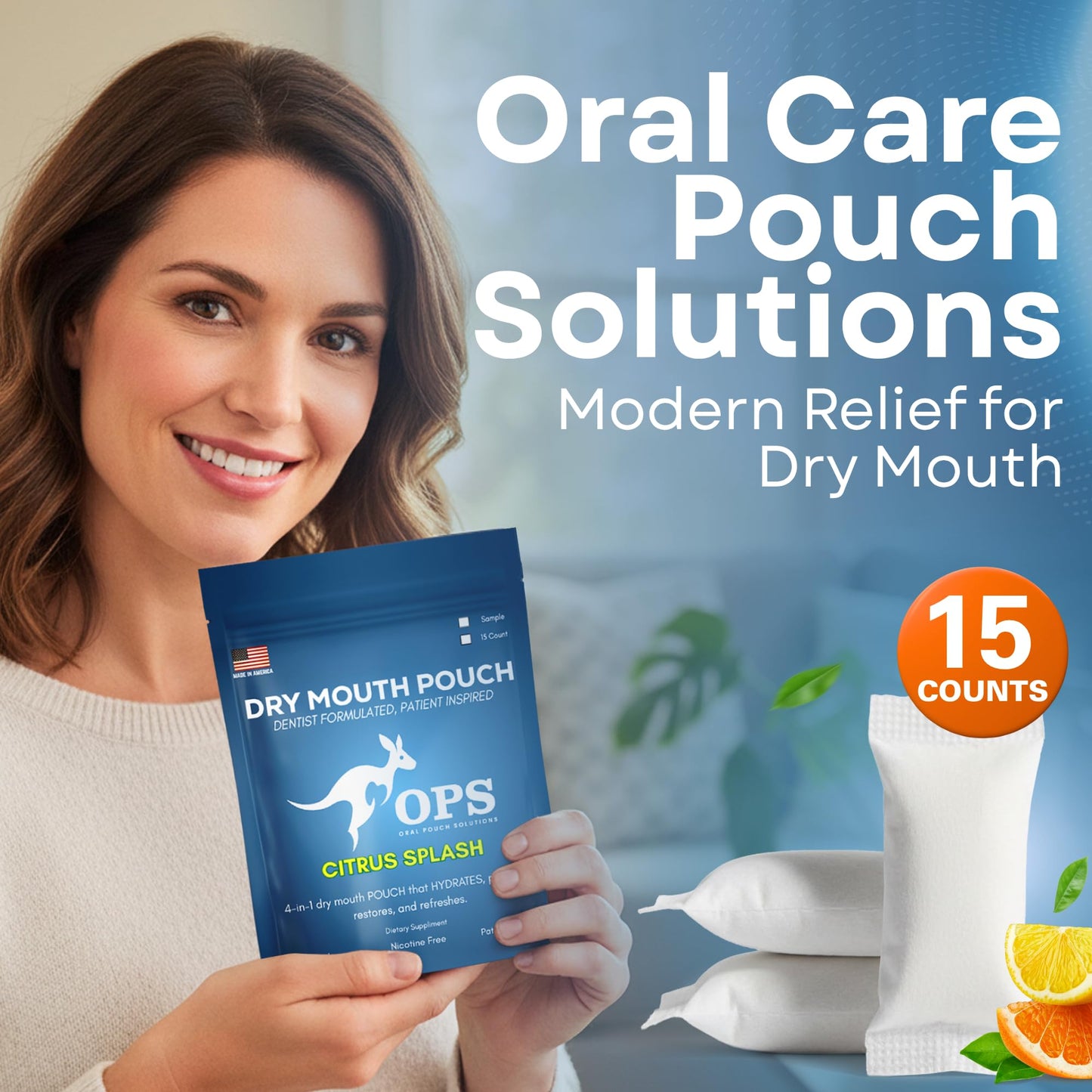 OPS Citrus Splash 4-1 Oral Moisturizing Pouch - Breath Mints Pouches, Xylitol Mints Pouches, Mouth Moisturizer | Saliva Substitute | Contains Xylitol & Menthol (Citrus)