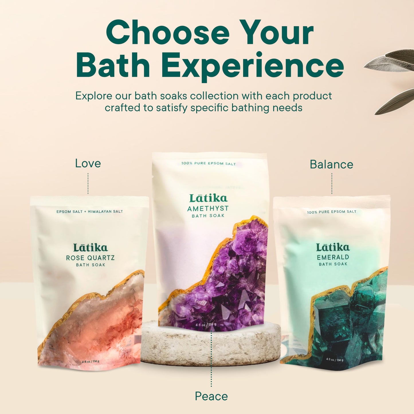 Latika Geode-Inspired Bath Soak Set of 3 - Amethyst, Rose Quartz & Emerald with Essential Oils & Epsom Salt - Sandalwood, Lavender, Sage & Eucalyptus for Stress Relief, Muscle Recovery & Skin Care