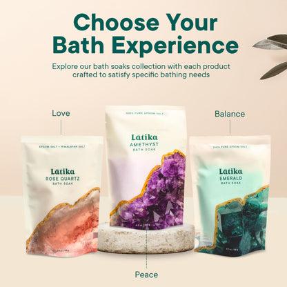 Latika Geode-Inspired Bath Soak Set of 3 - Amethyst, Rose Quartz & Emerald with Essential Oils & Epsom Salt - Sandalwood, Lavender, Sage & Eucalyptus for Stress Relief, Muscle Recovery & Skin Care