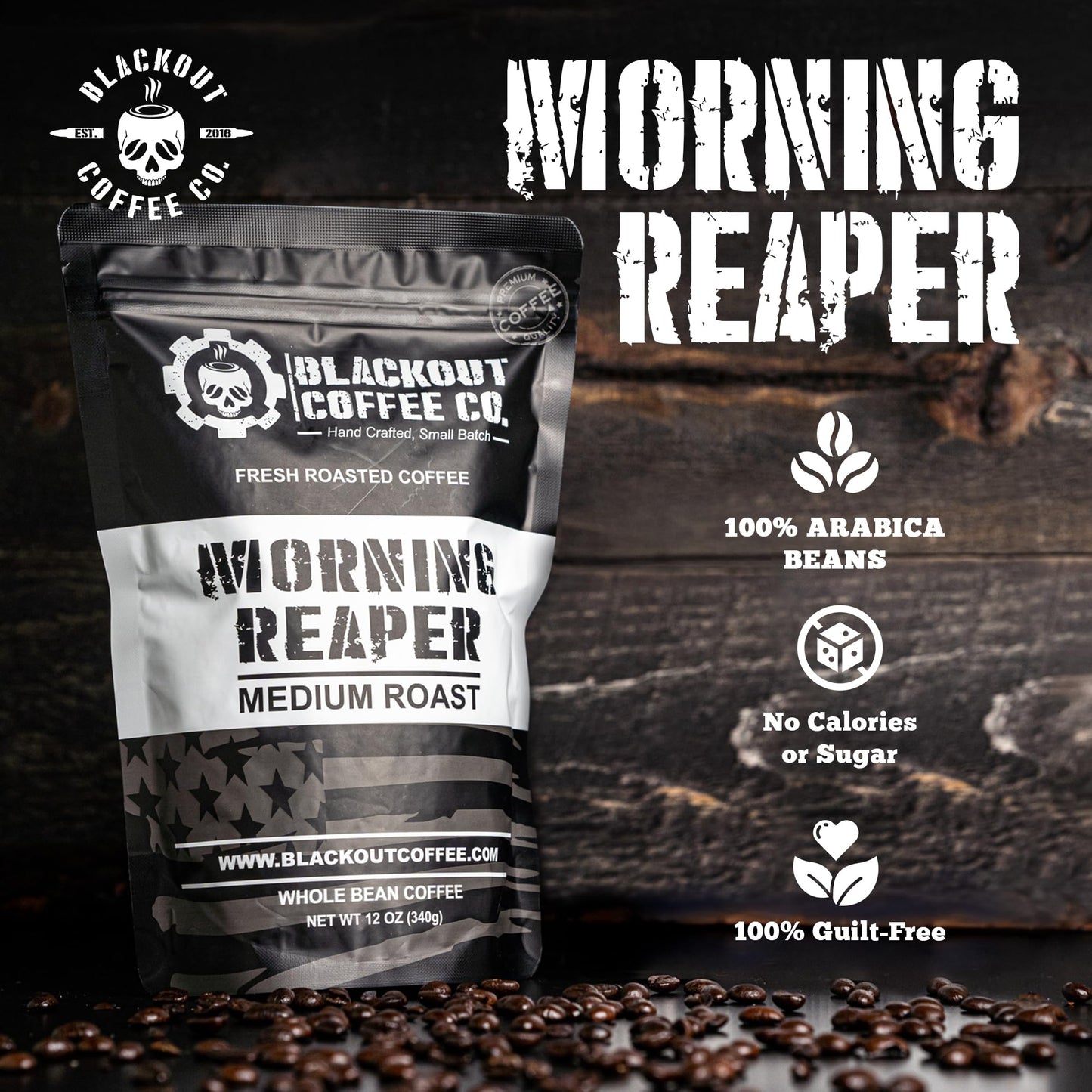 Blackout Coffee Morning Reaper Whole Bean Coffee – Medium Roast, Bold & Smooth Flavor, Non-Bitter – Freshly Roasted 12oz Bag, American Made