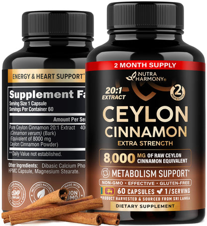 Ceylon Cinnamon Capsules - Extra Strength - Energy, Heart & Metabolism Support - for Men & Women - Pure Natural Extract 20:1 Supplement - Made in USA - GMO & Gluten Free