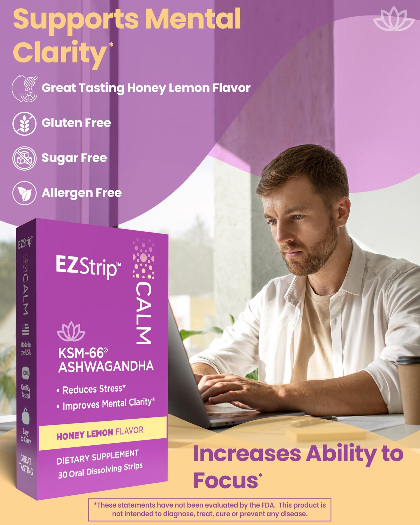 EZStrip Calm Supplement - Honey Lemon Flavor, 30 Count - Dissolving Calming Strips with Ashwagandha KSM 66 Help Support Stress Relief - Made in The USA, Sugar and Gluten-Free