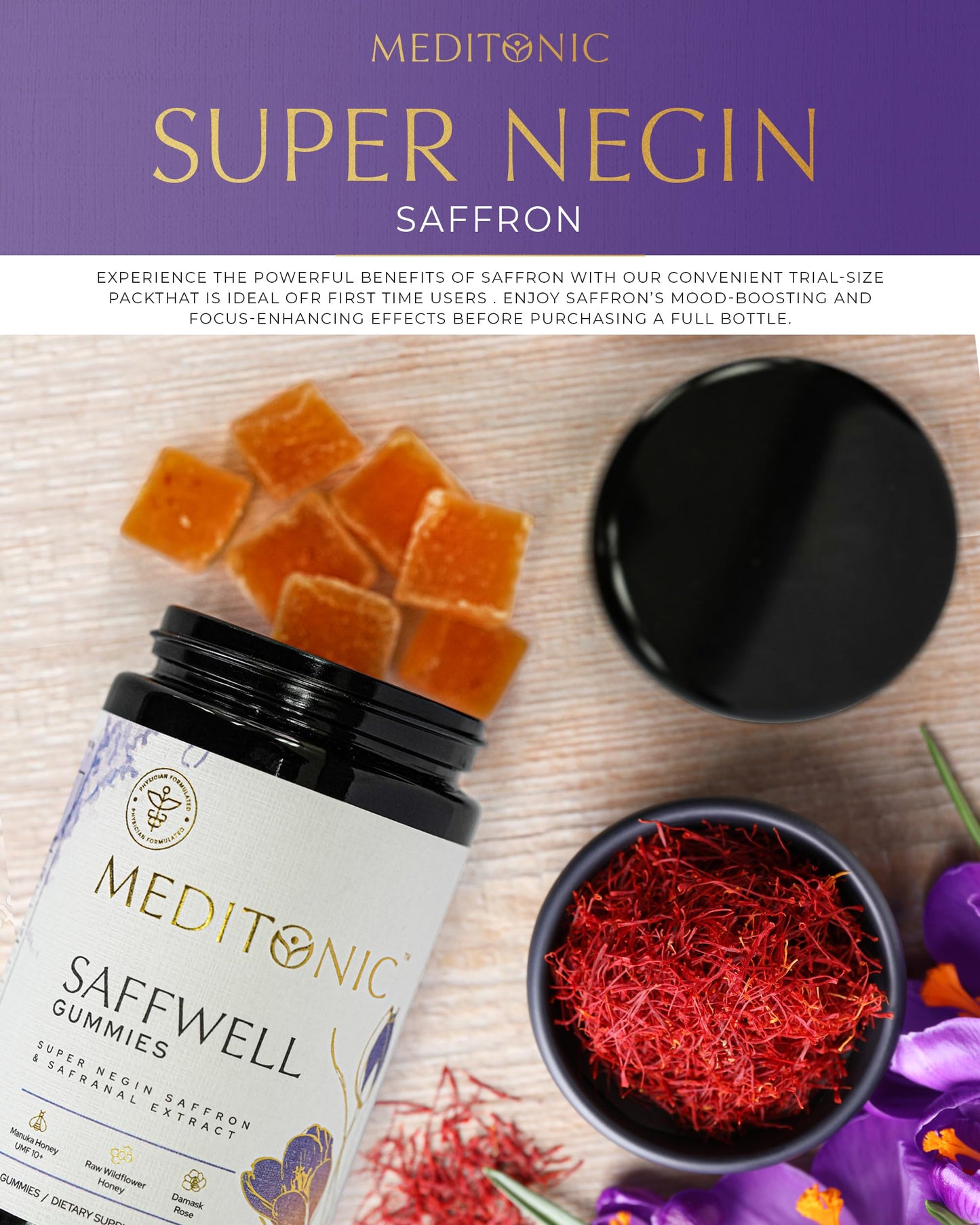 MEDITONIC™ Saffwell Gummies | Super Negin SAFFRON & Safranal | Mood, Vision, Focus Enhancer | 30 Premium U.S Made Gummies | Guranteed Superior American Made Quality