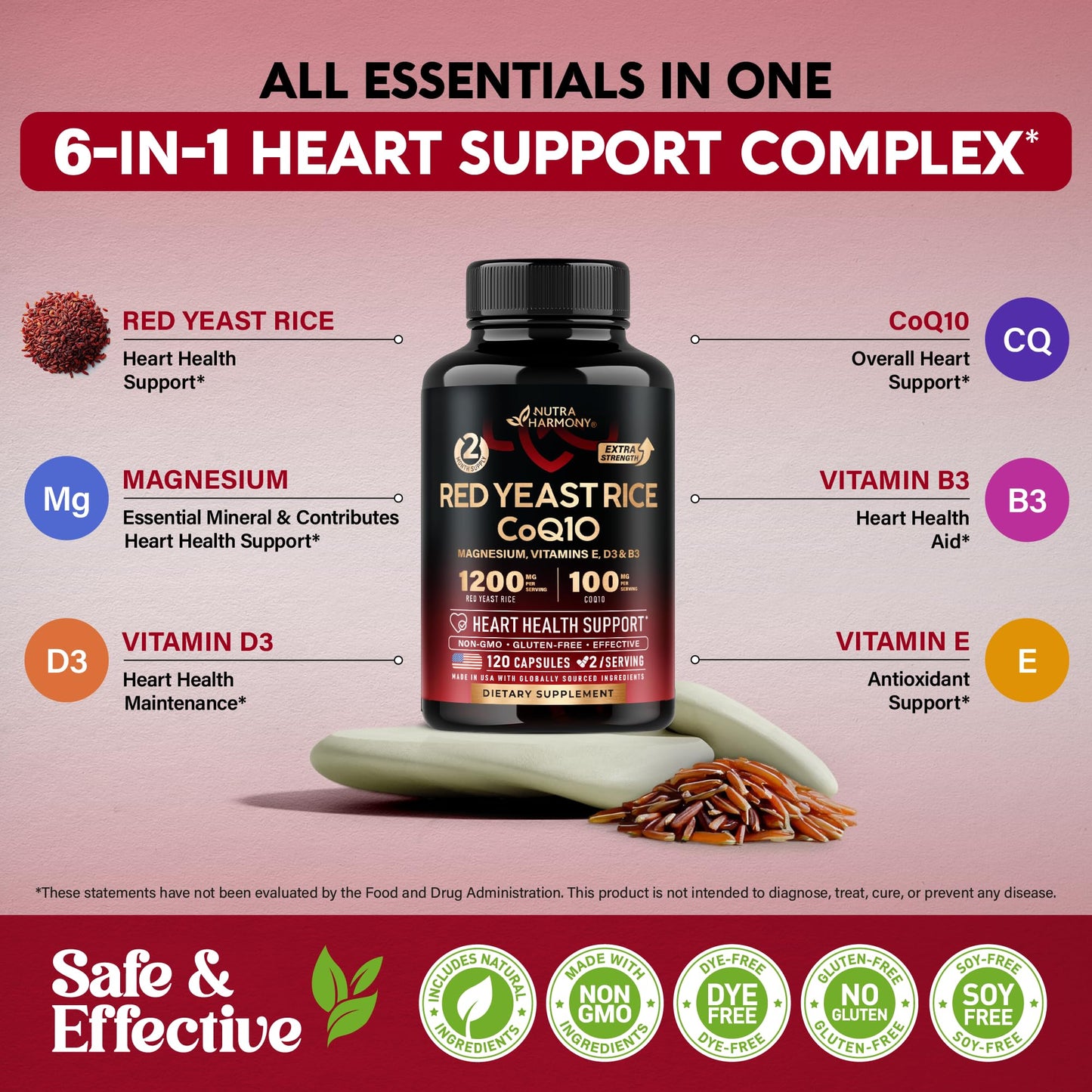 Red Yeast Rice 1200 mg with CoQ10 100 mg - with Magnesium | Niacin | Vitamin E & D3 - Heart Health Support, Energy & Metabolism - Effective, Flush-free & Laboratory Tested - Made in USA, 120 Capsules