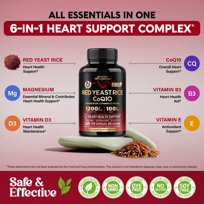 Red Yeast Rice 1200 mg with CoQ10 100 mg - with Magnesium | Niacin | Vitamin E & D3 - Heart Health Support, Energy & Metabolism - Effective, Flush-free & Laboratory Tested - Made in USA, 120 Capsules