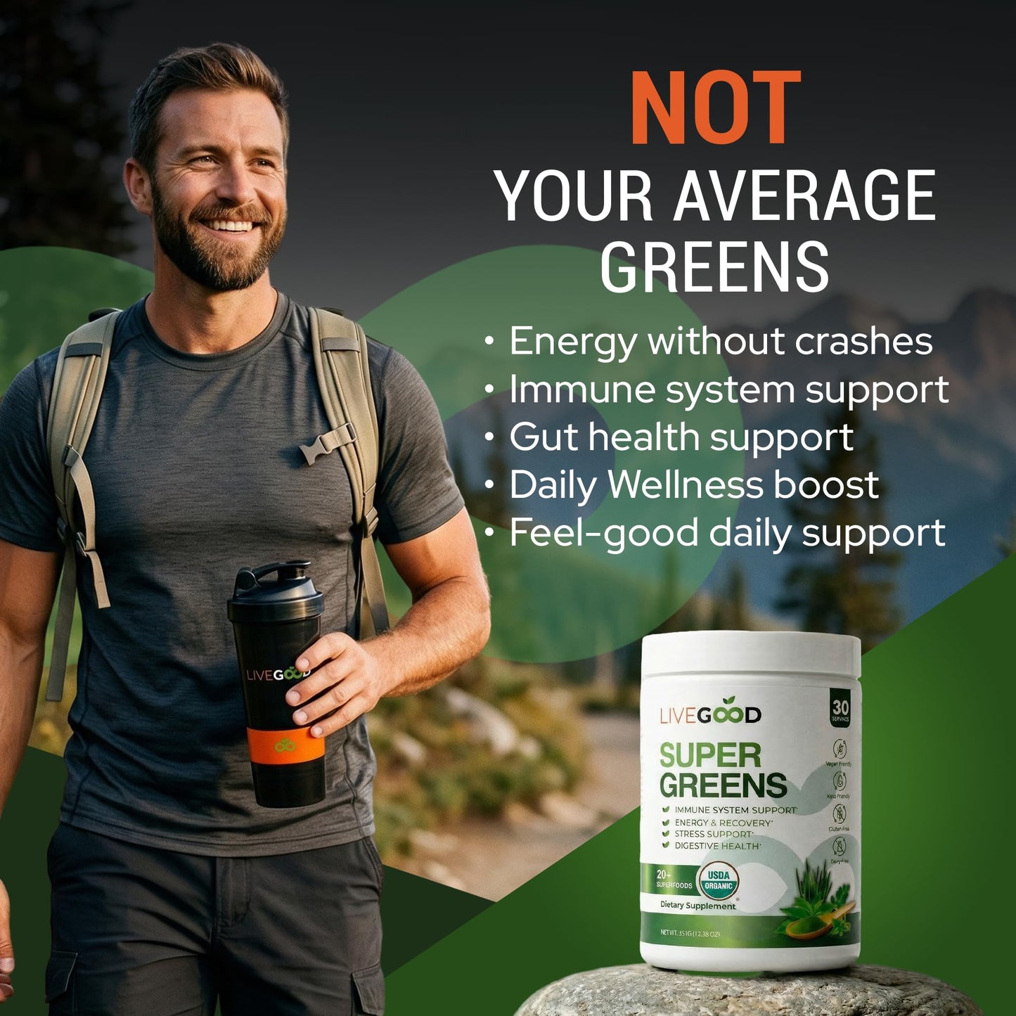 LIVEGOOD Daily Greens Powder Organic Blend for Digestion & Focus – Super Greens Supplement Powder for Immune Support – 30 Servings