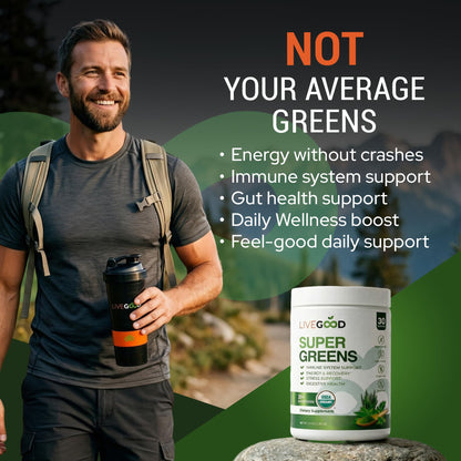 LIVEGOOD Daily Greens Powder Organic Blend for Digestion & Focus – Super Greens Supplement Powder for Immune Support – 30 Servings