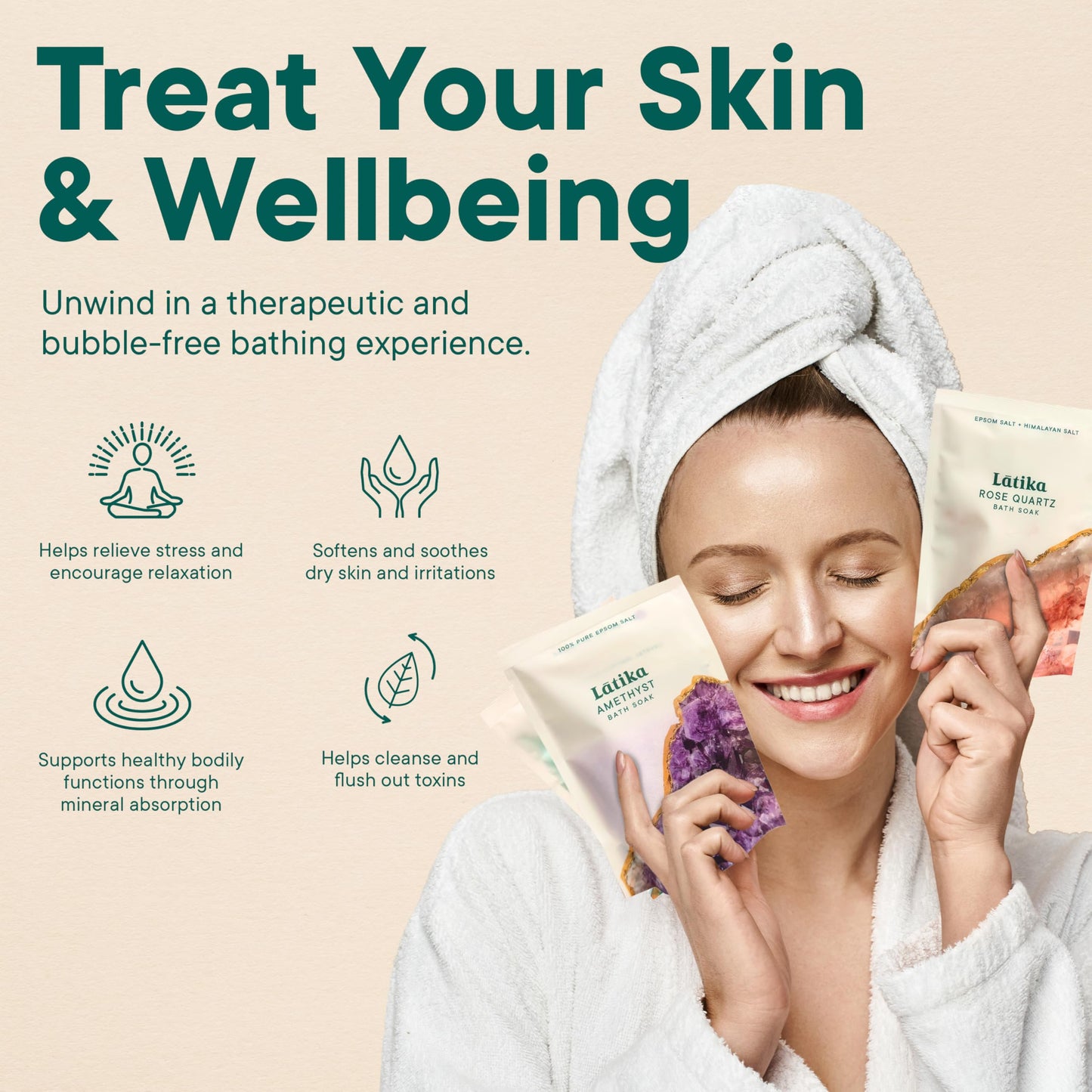 Latika Geode-Inspired Bath Soak Set of 3 - Amethyst, Rose Quartz & Emerald with Essential Oils & Epsom Salt - Sandalwood, Lavender, Sage & Eucalyptus for Stress Relief, Muscle Recovery & Skin Care