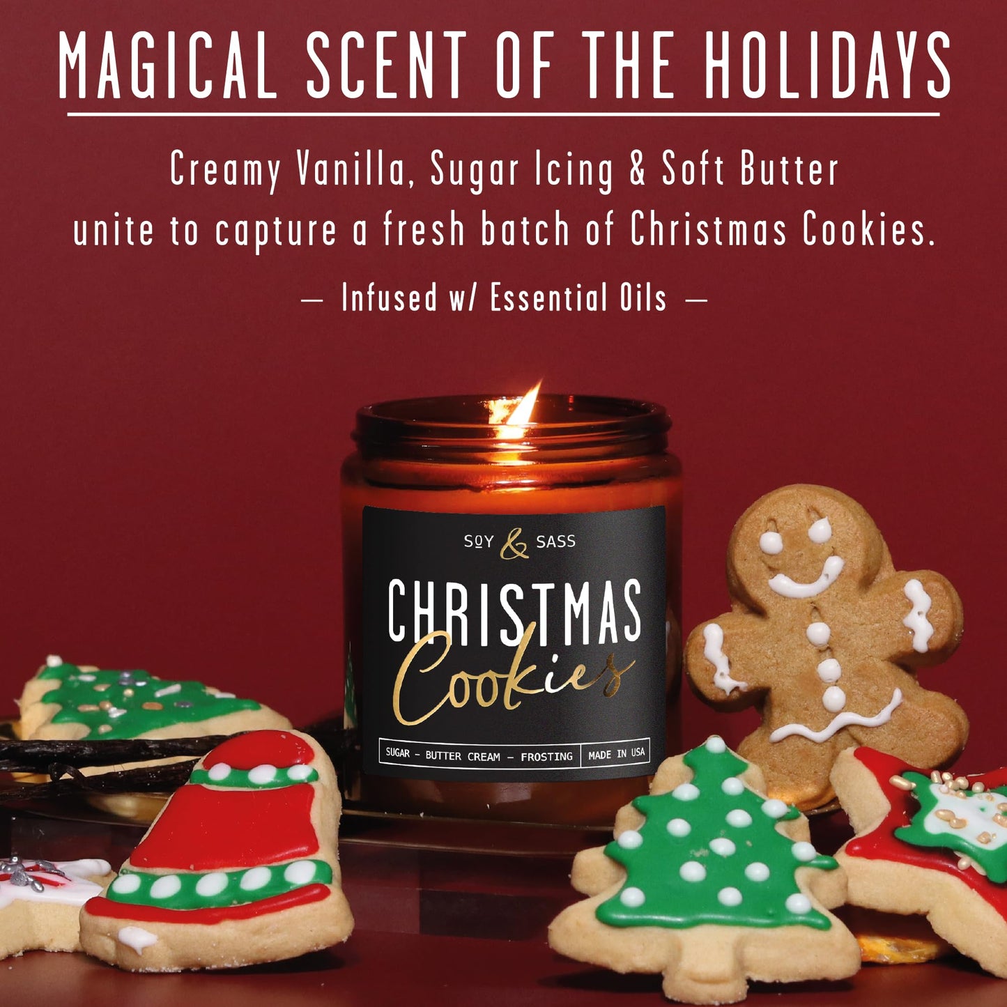 Christmas Cookie Candle, Cookie Candle – ‘Christmas Cookies’ Soy Candles, w/Sugar, Butter & Vanilla - Infused with Essential Oils I Christmas Candles I 9oz, 50Hr, Made in USA