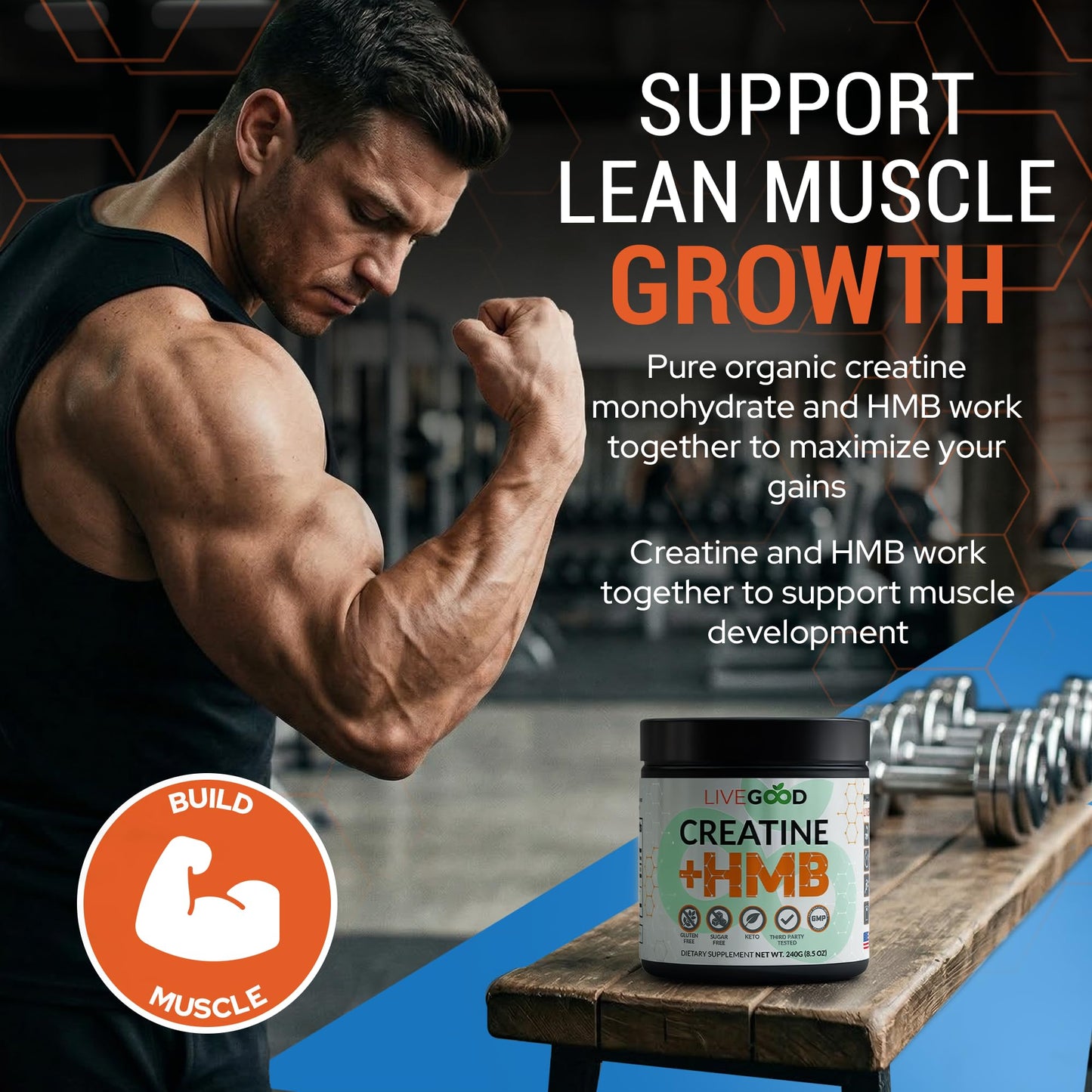 LIVEGOOD Creatine Monohydrate with HMB for Lean Muscle Growth & Recovery – HMB Creatine Powder for Men and Women – Unflavored Creatine, 30 Servings