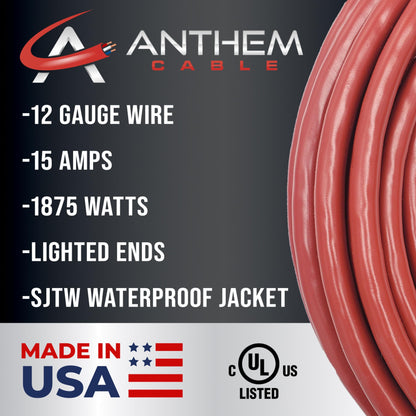 10 ft - 12 Gauge Extension Cord Outdoor - Made in USA - Lighted on Both Ends - Red Outdoor Extension Cord Waterproof by Anthem Cable - Heavy Duty Extension Cord