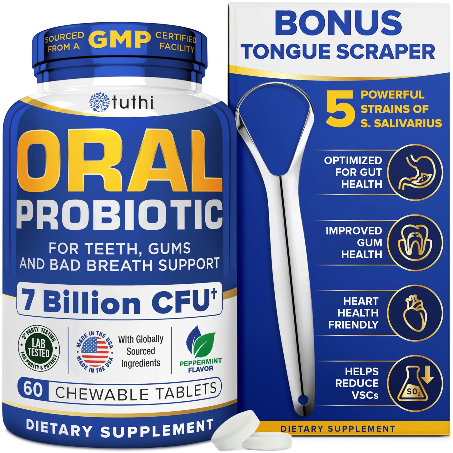 Tuthi Oral Probiotics & Tongue Scraper – Bad Breath Treatment for Adults – Dental Probiotics for Teeth and Gums – Supports Fresh Breath – 60 Chewable Tablets